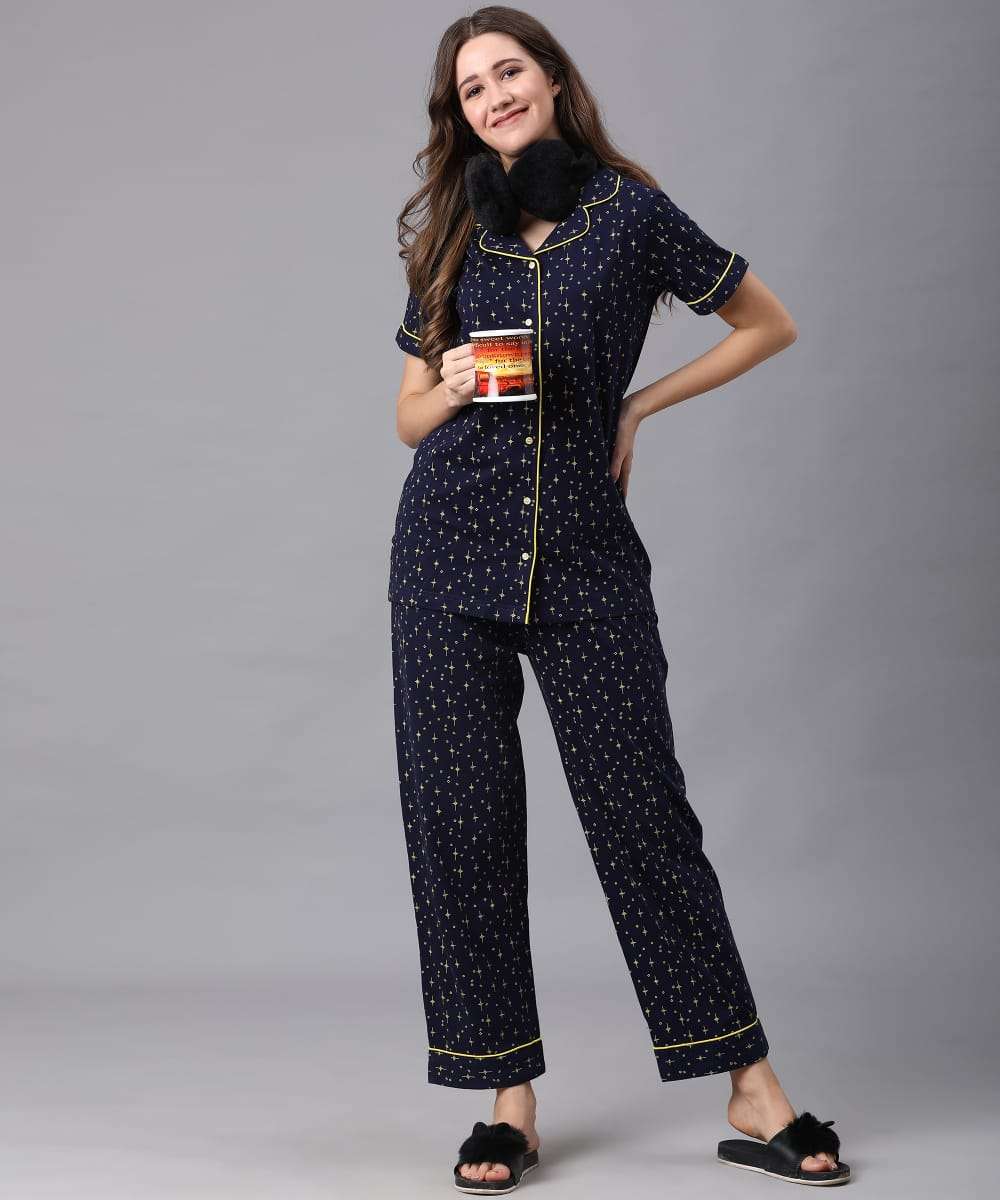 Full Sleeves Blue Printed Cotton Night Suit for Women – Stilento