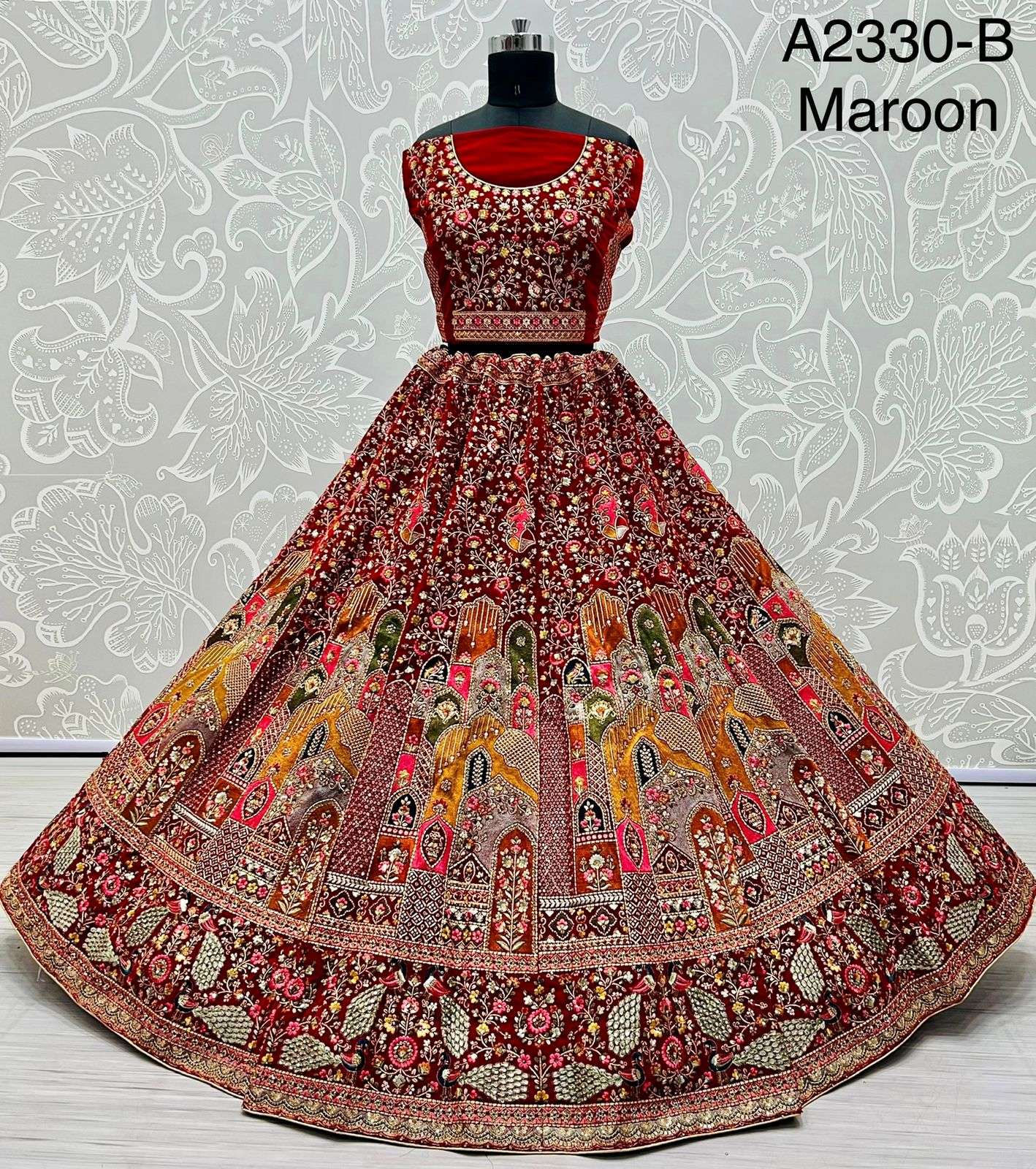 pratham wholesale 2330 maroon colour stylish velvet lehenga with heavy embroidered work `
