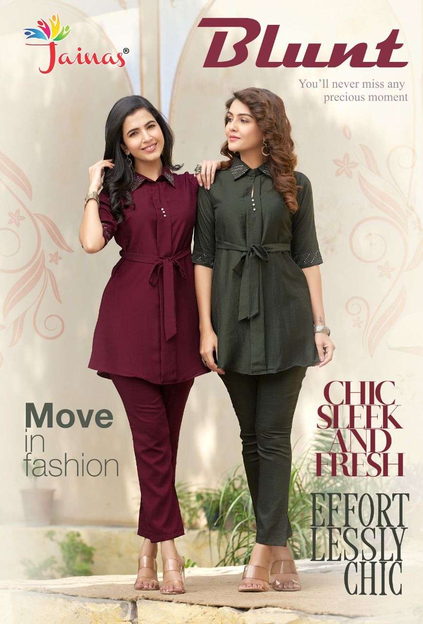 blunt by jainas chinon fancy designer kurtis with bottom set wholesale price surat