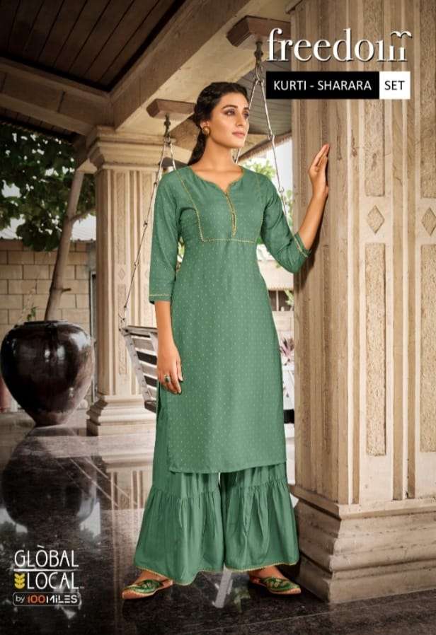 freedom by global local rayon fancy kurtis with sharara dupatta set wholesale price 