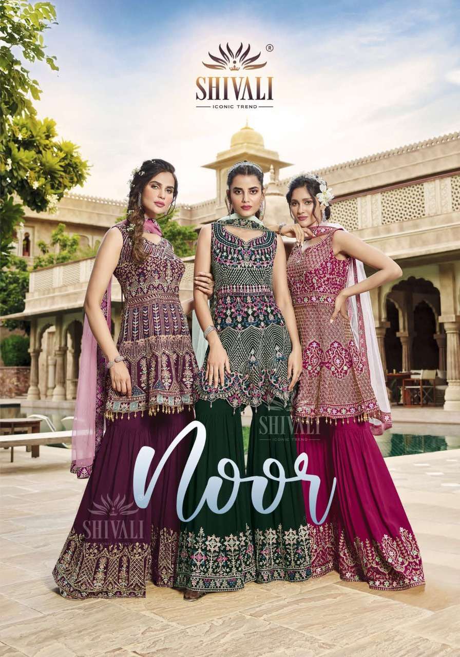 noor by shivali 1001-1005 series georgette party wear kurtis with sharara suits collection wholesale price 