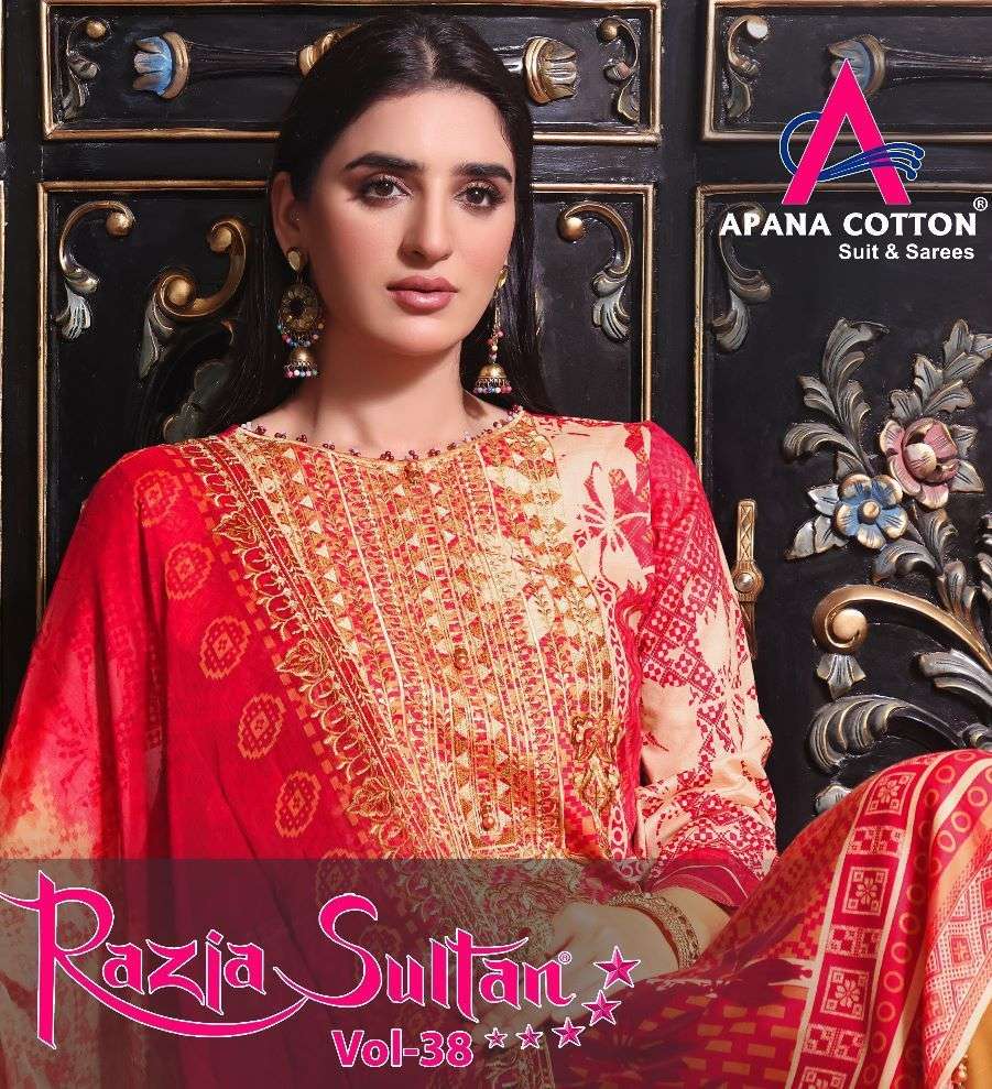 razia sultan vol-38 by apana cotton pure cotton fancy pakistani suits supplier surat india