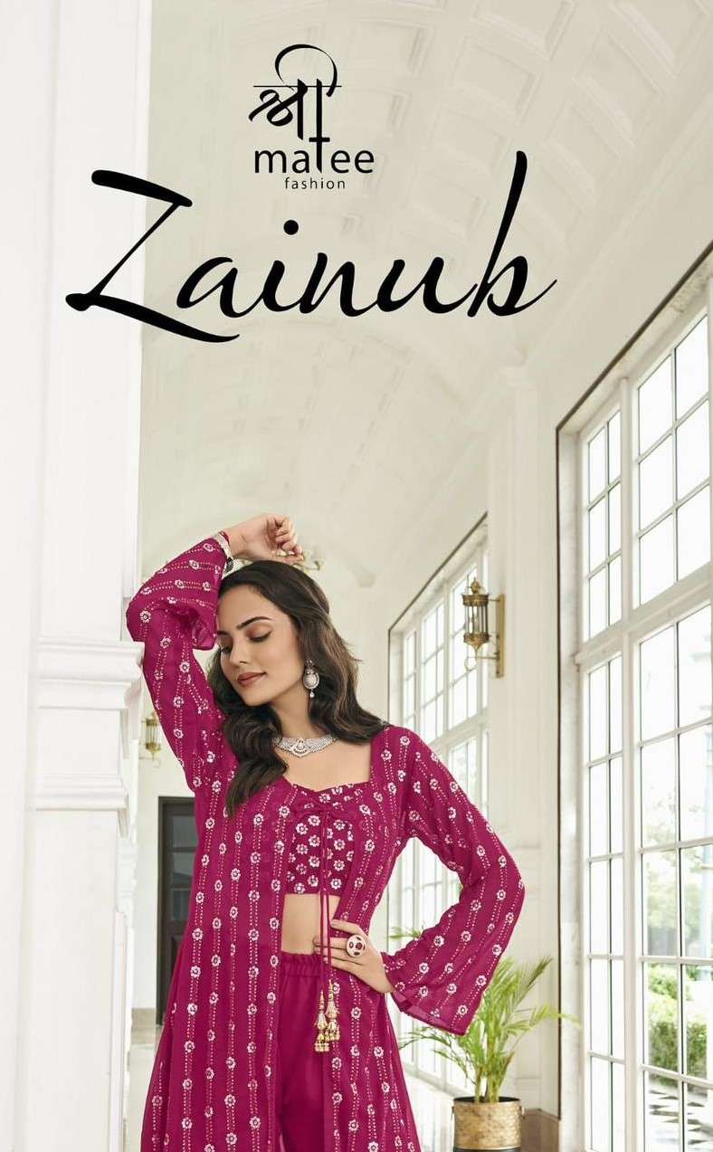 shree mate zainab 133-135 series party wear jacket pattern free size top & sharara set wholesaler