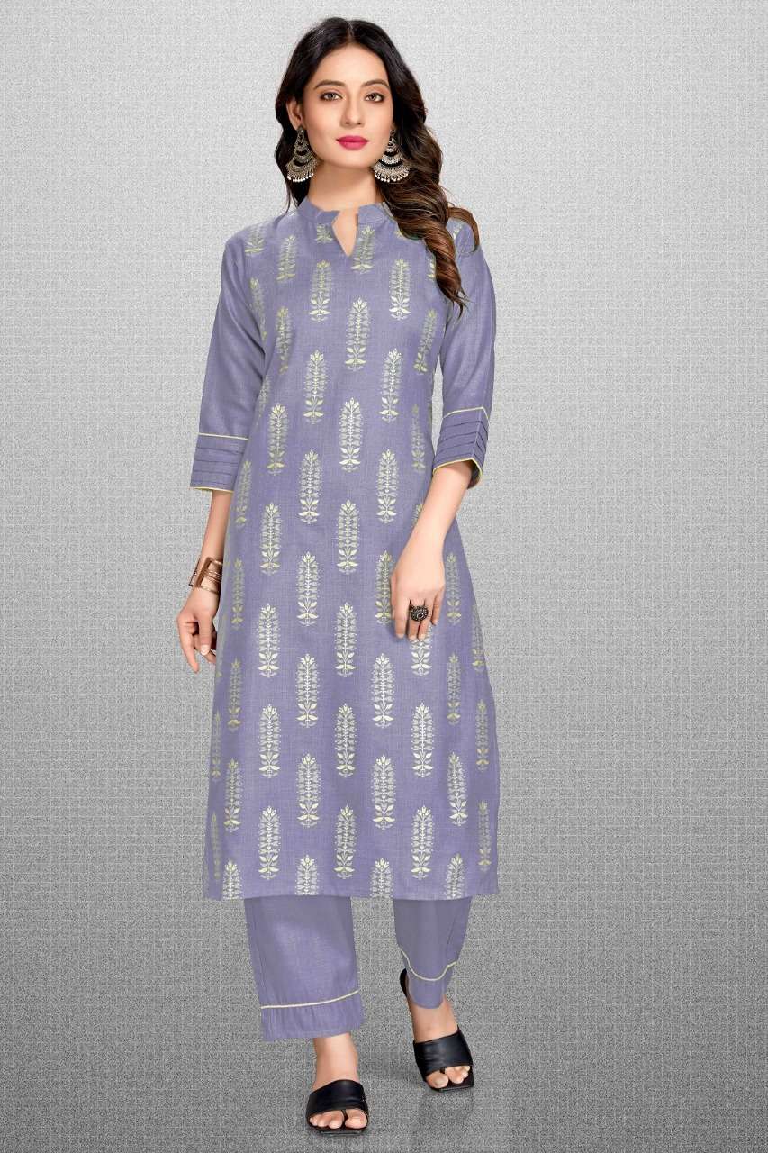 style samsara 46-48 series cotton blend gold foil printed kurtis with bottom combo set surat