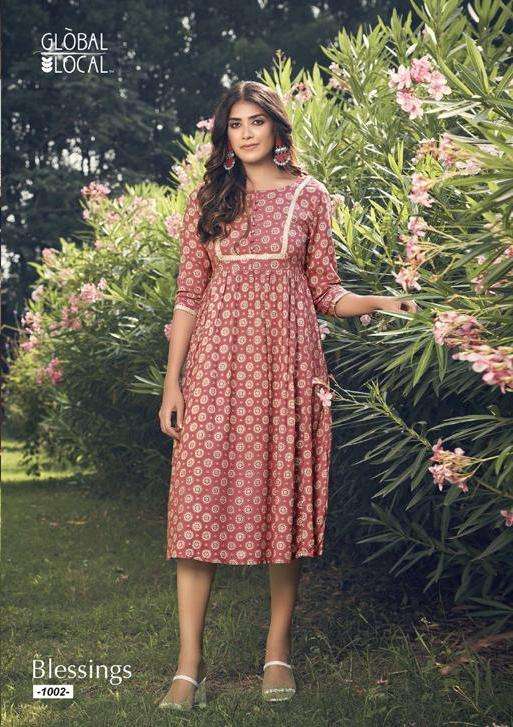 blessings by global local rayon foil printed kurti with flair style