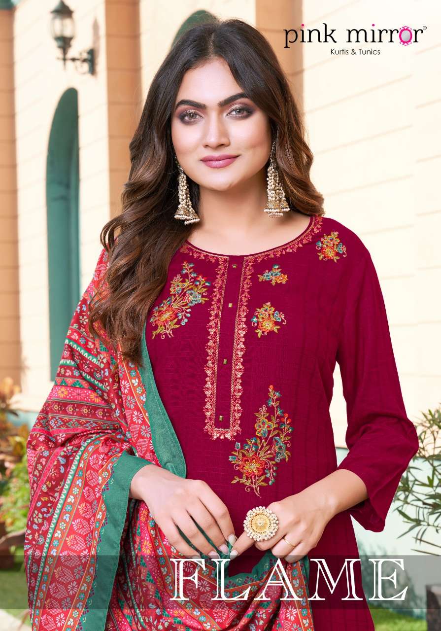 flame by pink mirror 1001-1006 series viscose with embroidered kurtis bottom with dupatta set surat