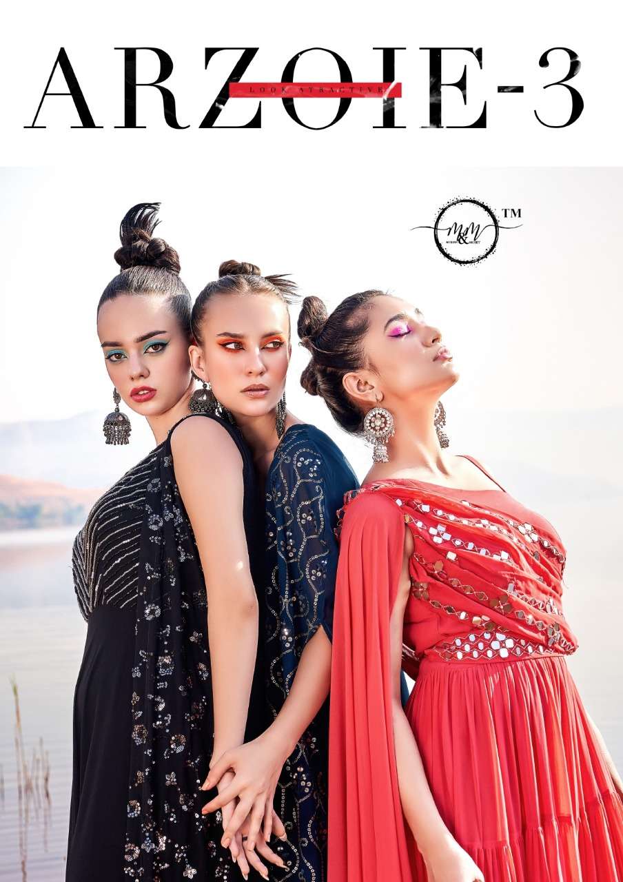 arzoie vol-3 by m&m heavy georgette party wear western outfits collection online supplier surat