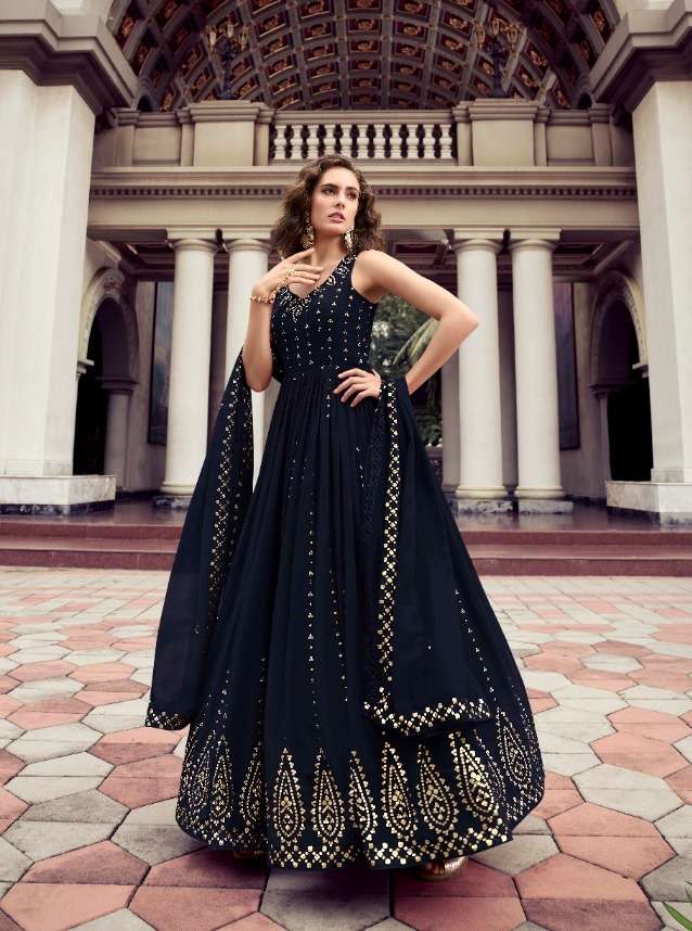 Buy Esculpture Design Full Stitched Handwork Net Fully Ball Gown Fabric net  Shaded dyied Flair in Ombre Concept Gown Dress (S) Navy Blue at Amazon.in