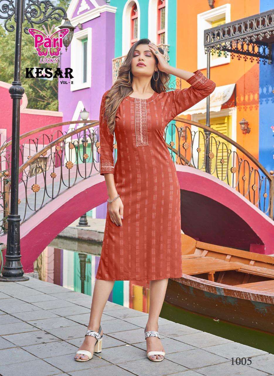 kesar vol-2 by pari rayon fancy designer kurtis catalogue manufacturer surat 