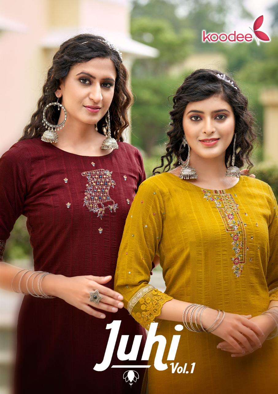 juhi vol-1 by koodee designer chinon dobby only kurtis catalogue manufacturer surat 