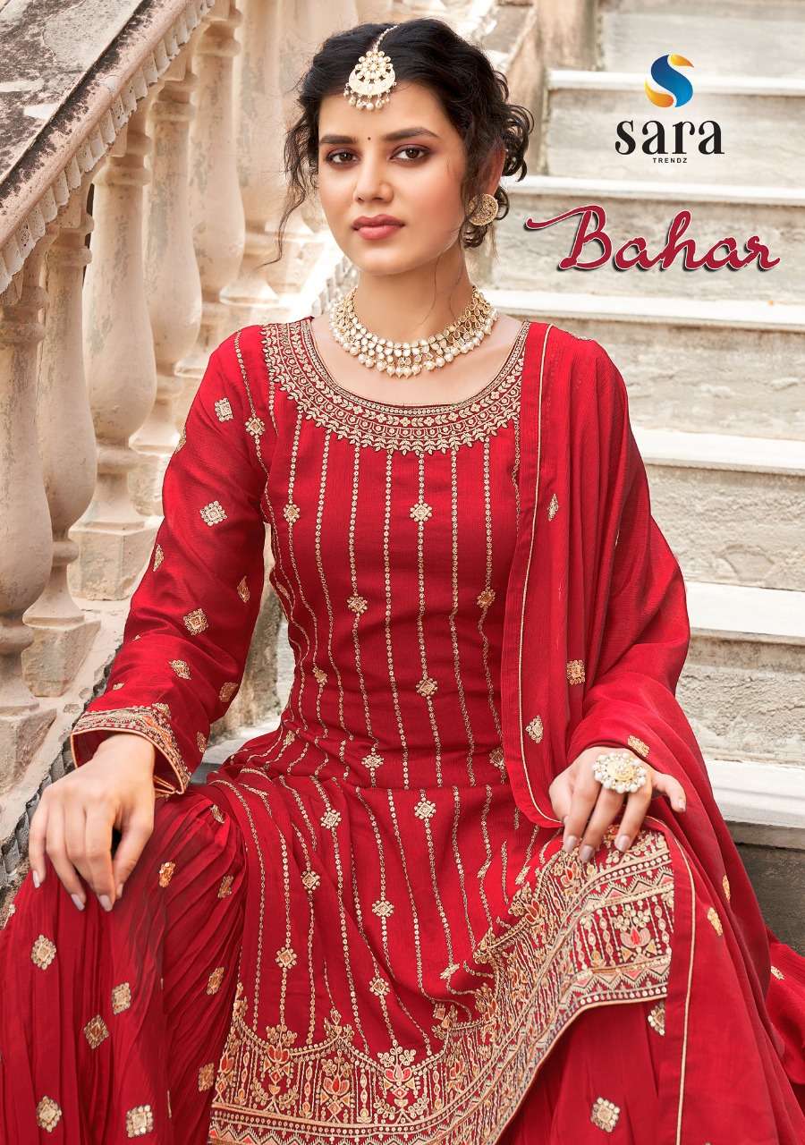 bahar by sara trendz chinon with work designer salwar kameez catalogue manufacturer surat