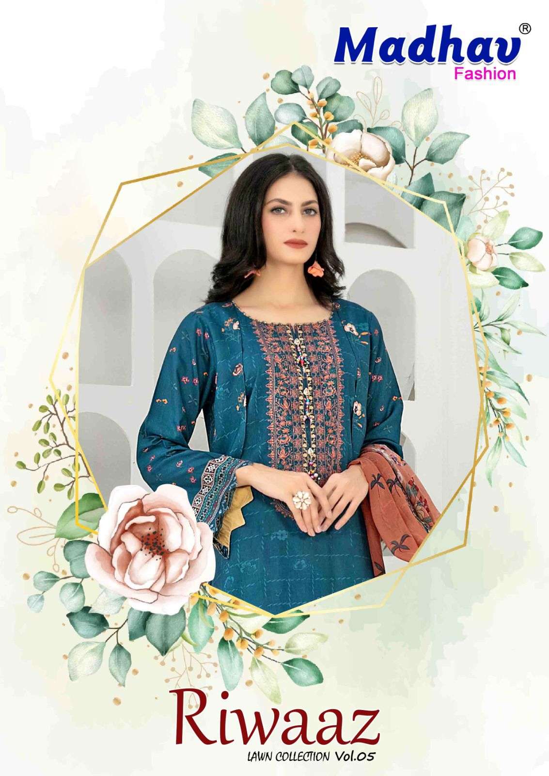 riwaaz vol-5 by madhav fashion pure lawn cotton designer dress material catalogue supplier surat 