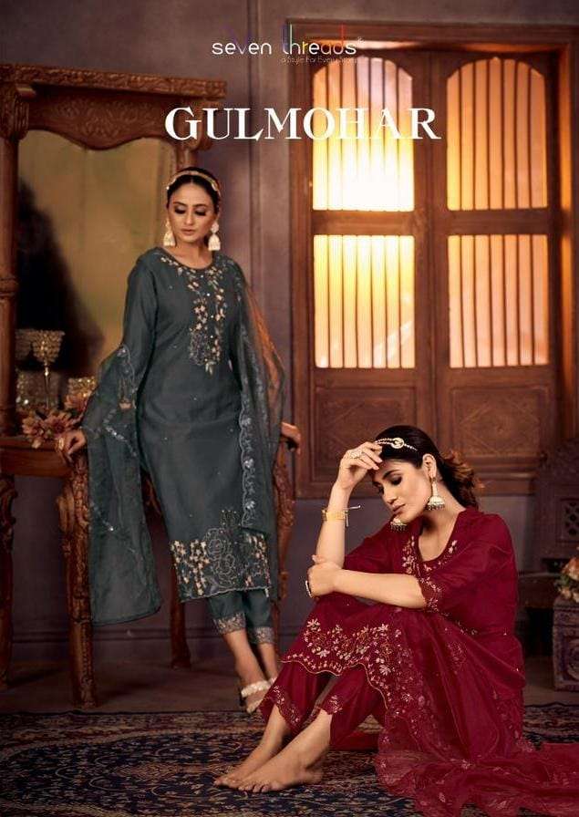 seven threads gulmohar 1001-1007 series designer viscose silk stich kurti pant set catalogue best price surat