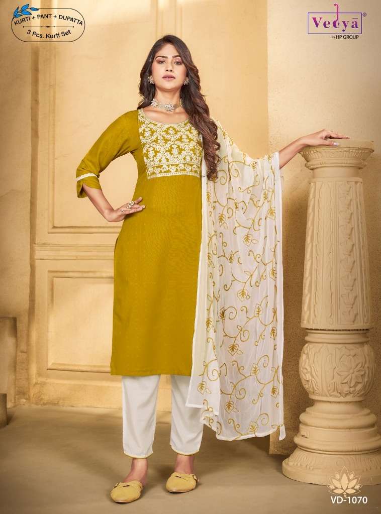 utkarsh by vedya trendy designer kurti pant with dupatta catalogue collection surat 