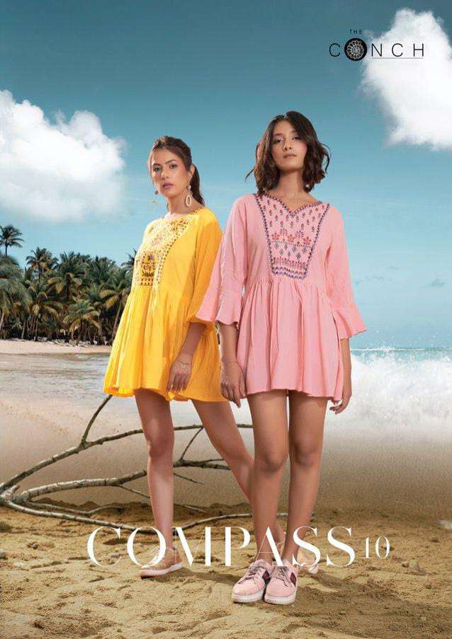 compass vol-10 by the conch rayon embroidered work fancy short kurtis wholesale price 