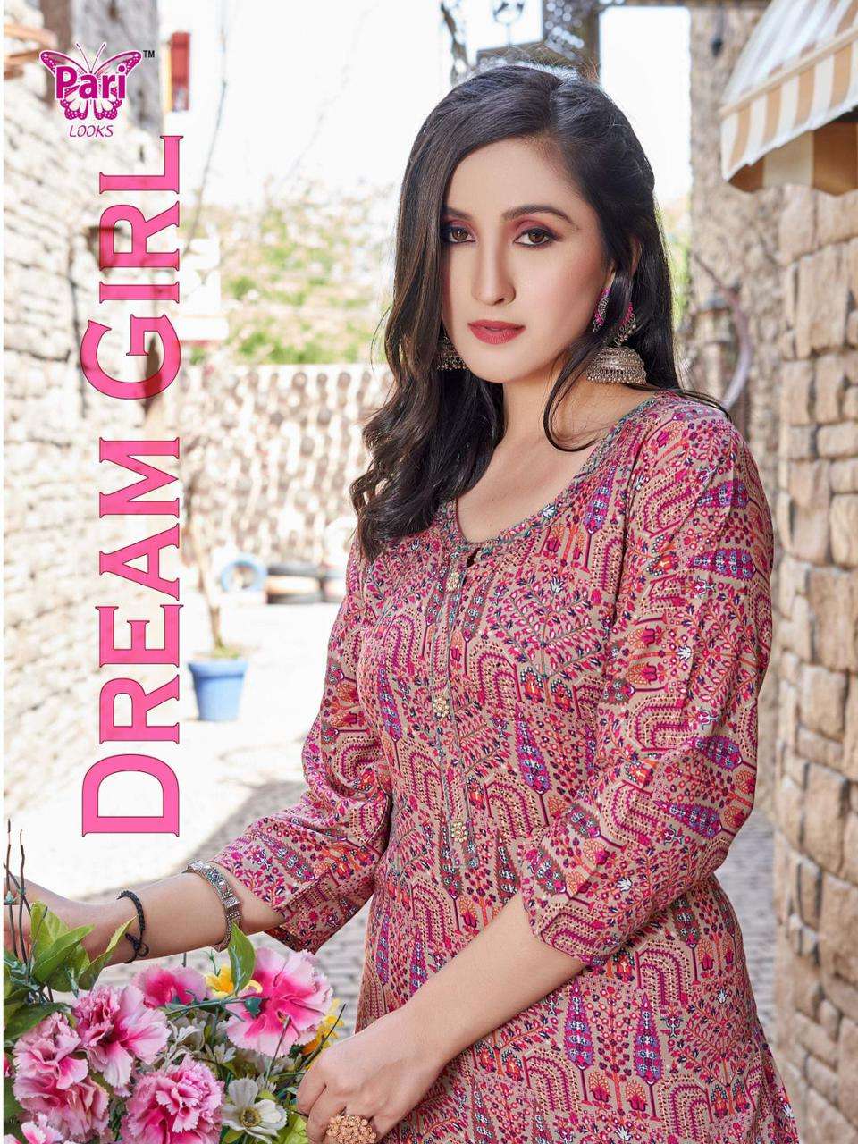 pari dream girl rayon foil printed designer look kurtis wholesale price surat