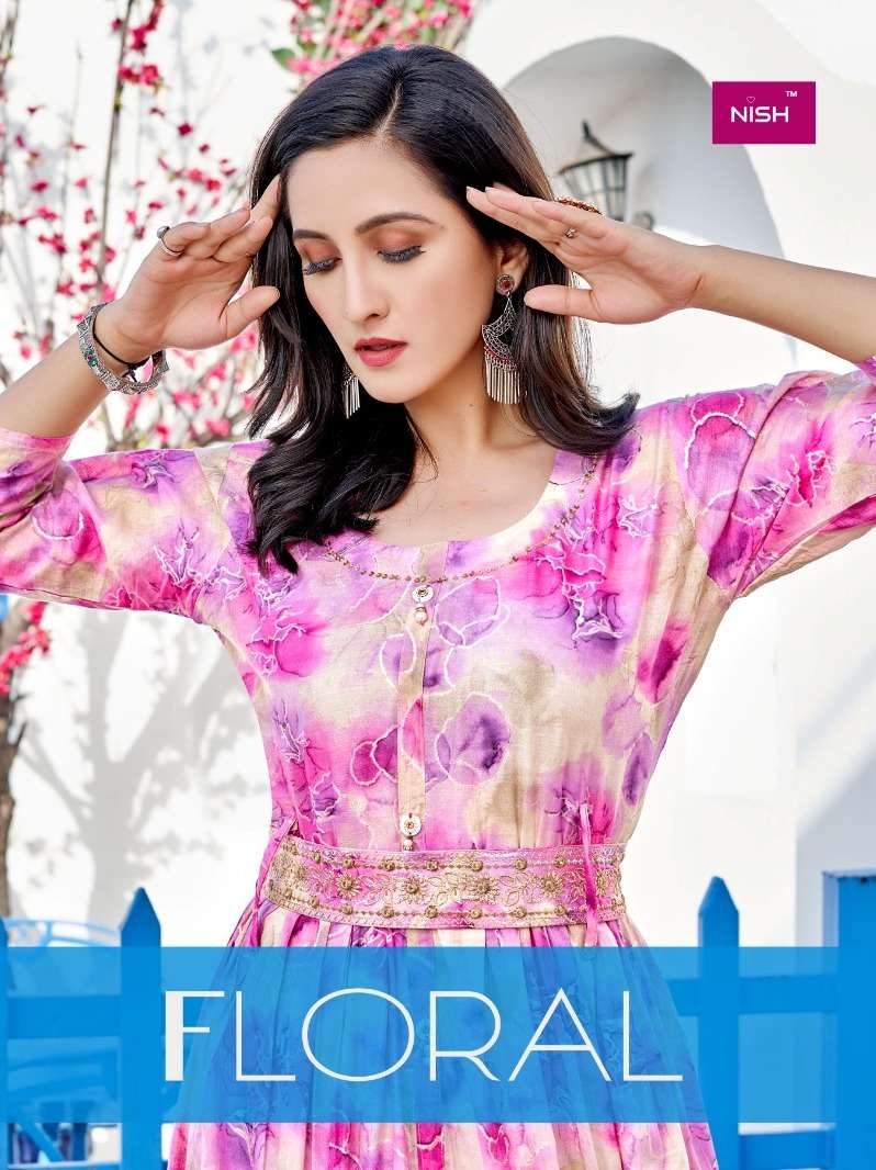 nish floral fancy look designer long kurtis catalogue online supplier surat