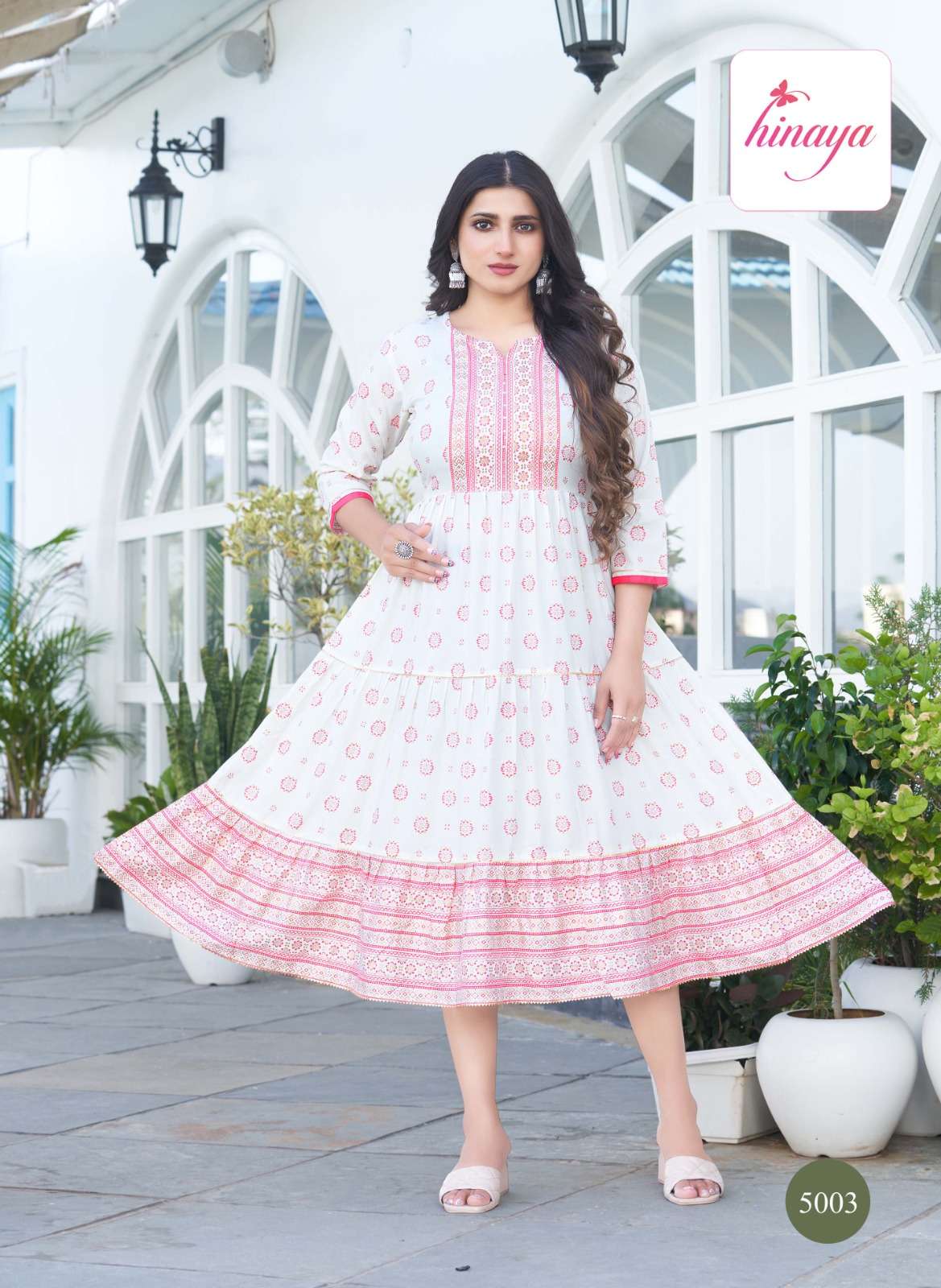 rashi vol-5 by hinaya trendy long rayon flaired kurtis catalogue collection 2023 