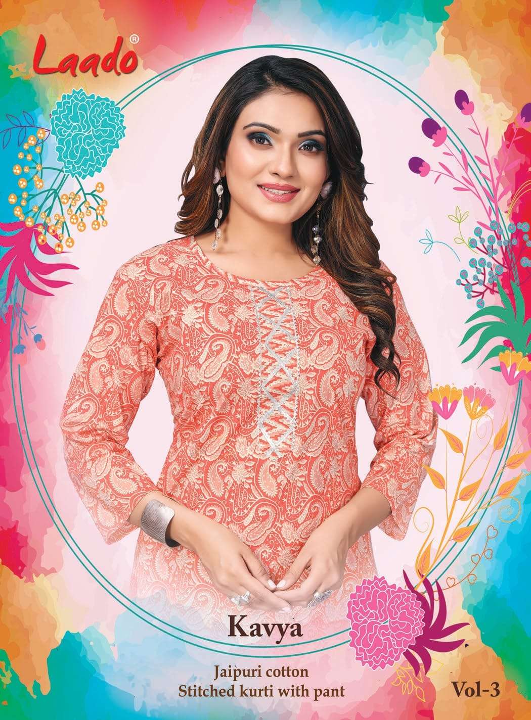 kavya vol-3 3001-3008 series by laado jaipuri cotton stitched kurti with pant catalogue design surat