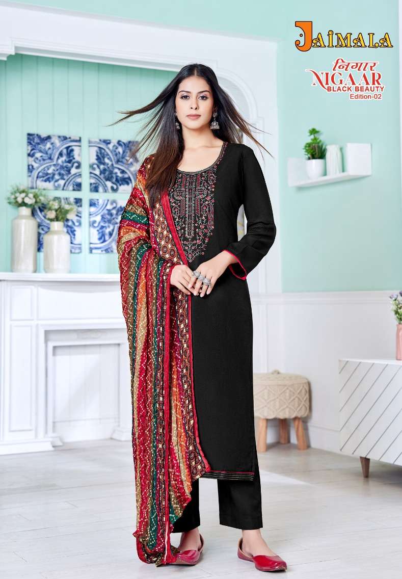 nigaar black beauty edition vol-2 by jaimala unstitched designer salwar suits dress material catalogue surat 