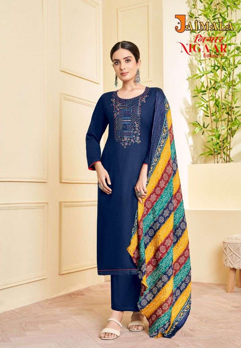 nigaar edition vol-17 by jaimala fancy designer top bottom with dupatta catalogue wholesale price surat 