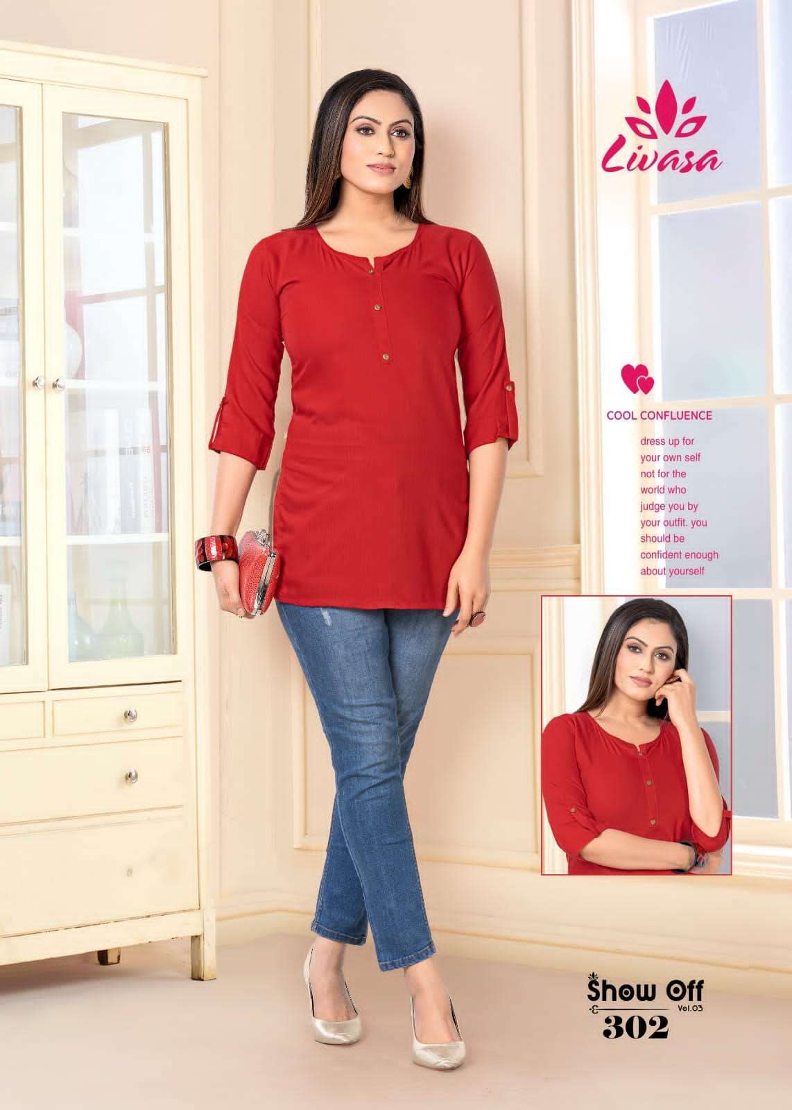 show off vol-3 301-310 series by livisab fancy rayon designer short tops catalogue wholesale dealer surat 