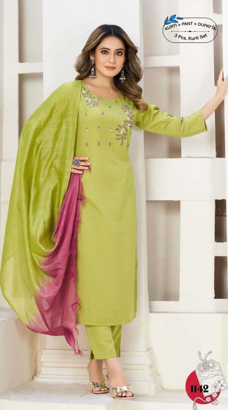 ishina vedya 1141-1146 series latest fancy kurti set wholesaler surat gujarat