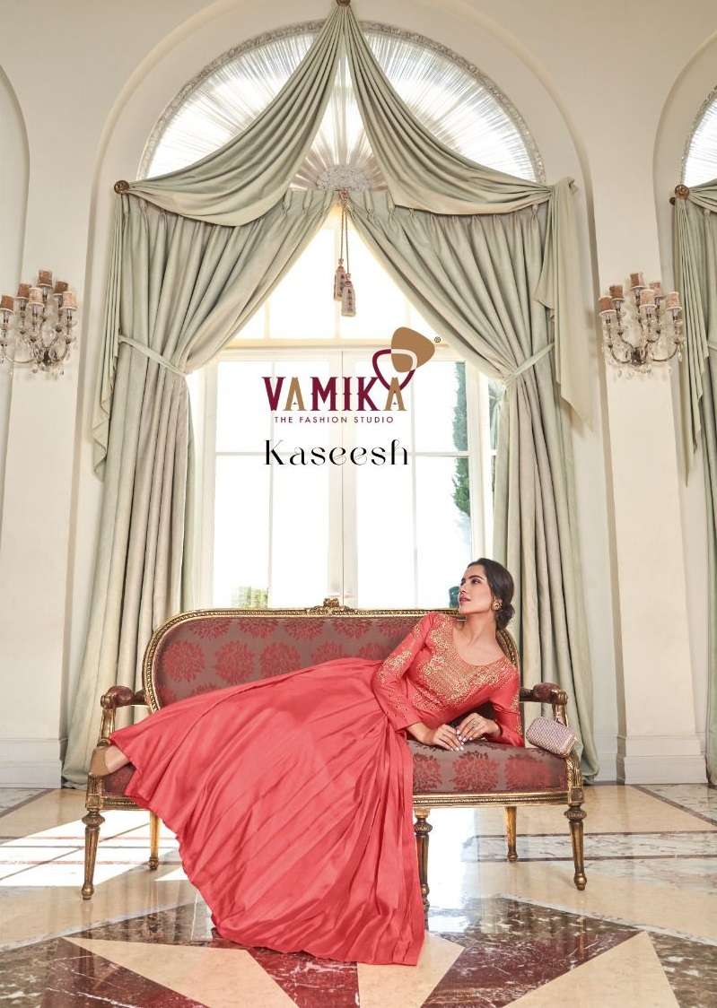 kaseesh vamika 8001-8008 series designer partywear gown wholesaler surat gujarat