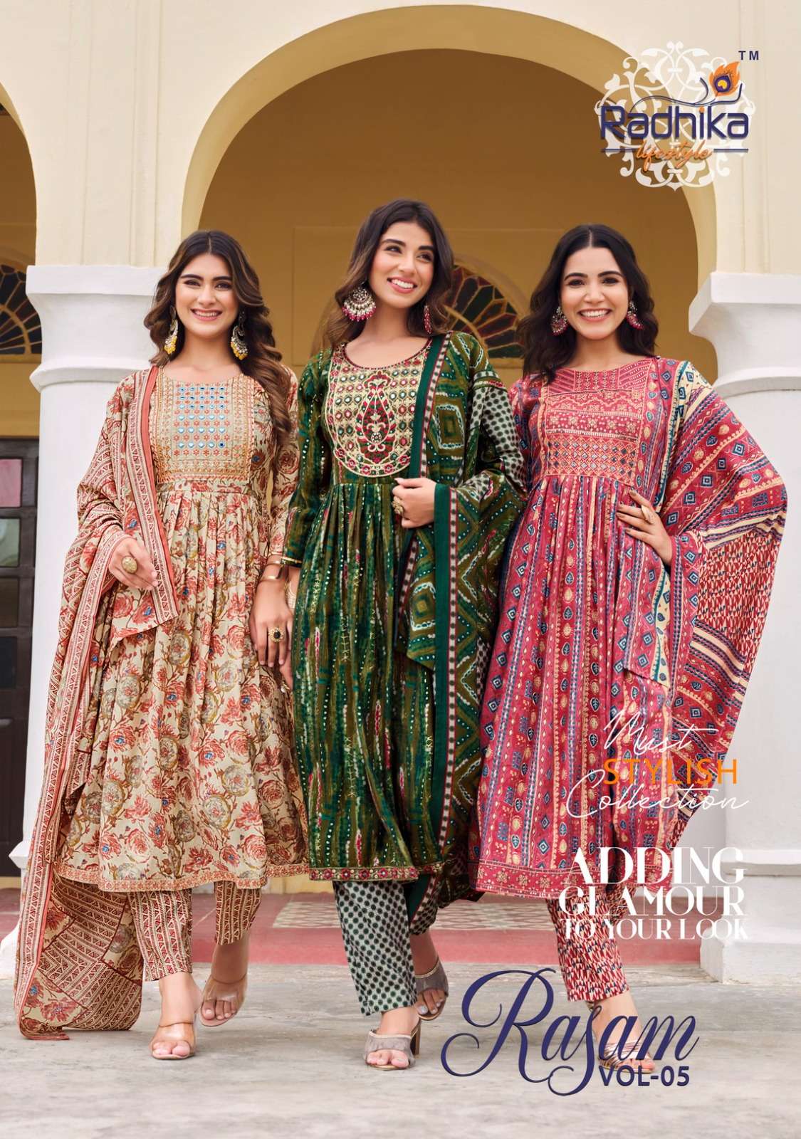 radhika lifestyle rasam vol 5 5001-5008 series excluisve modal muslin ready to wear nayra cut suits online price 