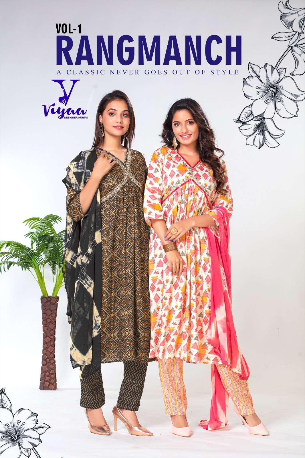 rangmanch viyaa vol-1 designer party wear fancy kurti set wholesaler surat gujarat