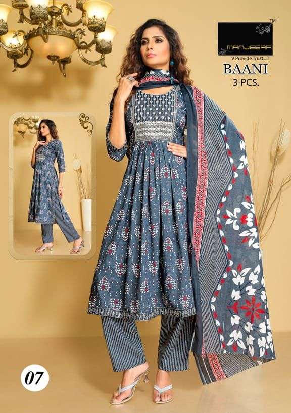 baani manjeera 01-08 series latest designer traditional nayra cut kurti wholesaler surat gujarat