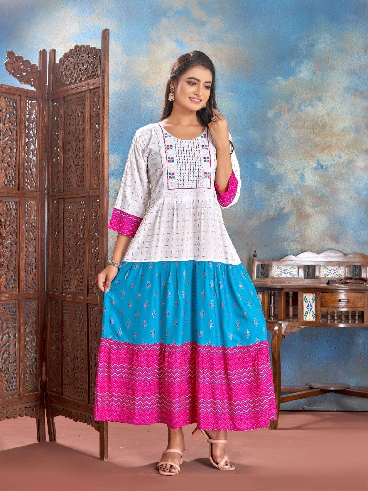 barish vol-2 reenx designer trendy fancy floor length kurti set wholesaler surat gujarat