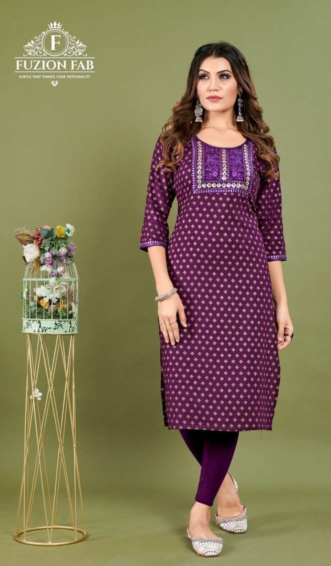 fuzion fab dhyani vol 1 designer reyon foil kurti collection wholesale price manufacturer india 