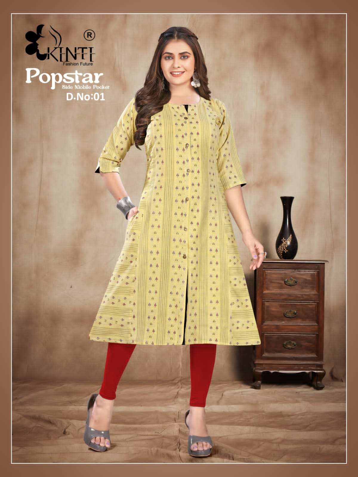 popstar kinti fashion 01-08 series latest designer kurti fancy casual wear wholesaler surat gujarat