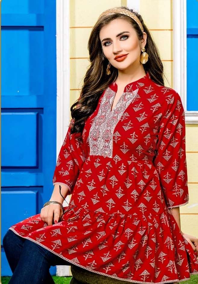 shefali vol-2 hirwa 201-208 series latest designer fancy short kurti wholesaler surat gujarat