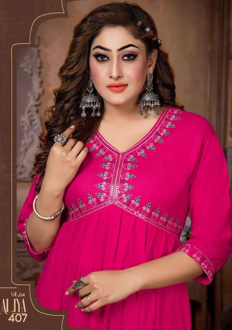 aaliya vol-4 kinti fahion 401-408 series latest fashionable designer casual wear kurti wholesaler surat gujarat