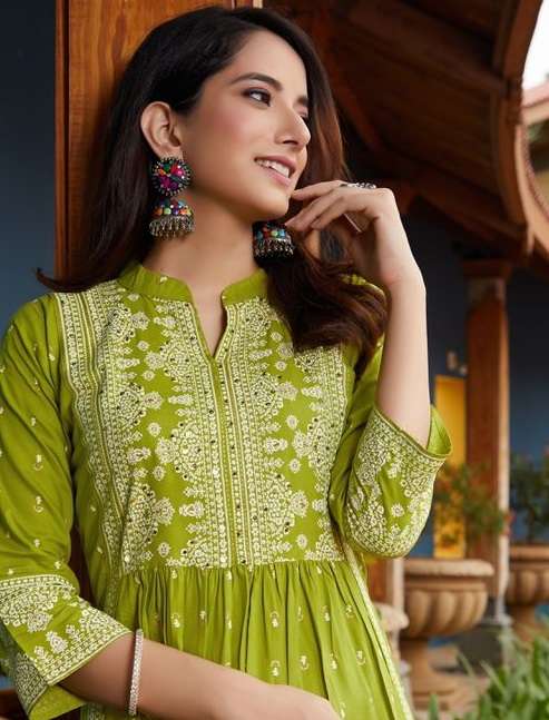 muskan golden 1001-1008 series latest designer fancy flared kurti wholesaler surat gujarat