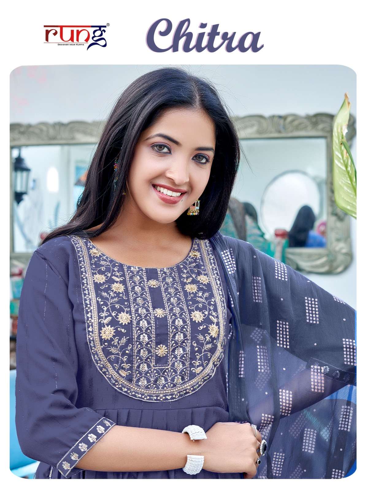 chitra rung designer festive wear nayra cut kurti with pant and stylish dupatta wholesale price surat