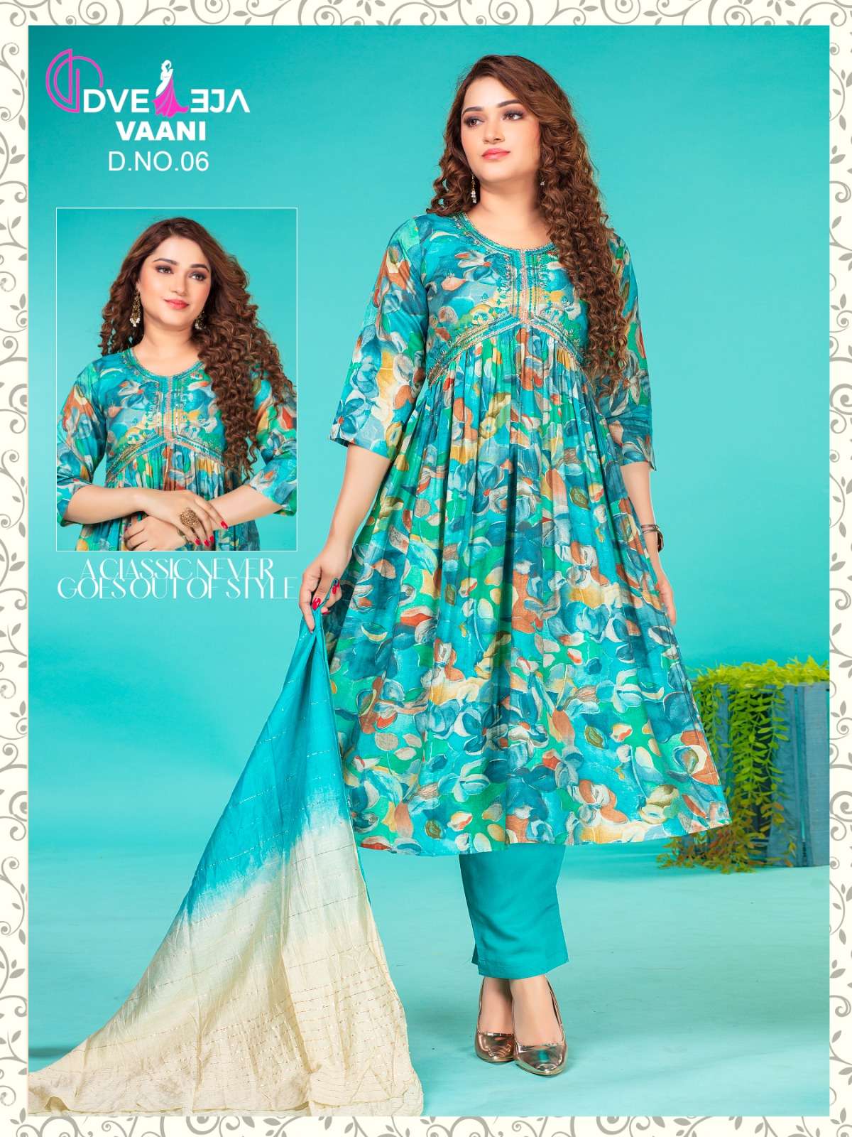  vaani dveeja series designer fancy trendy alia cut kurti with pant at wholesale price surat gujarat