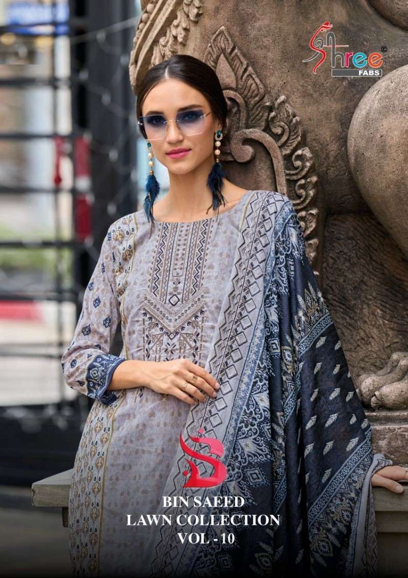 bin saeed lawn collection vol 10 10001 10006 series by shree fabs print with work designer dress material catalogue surat