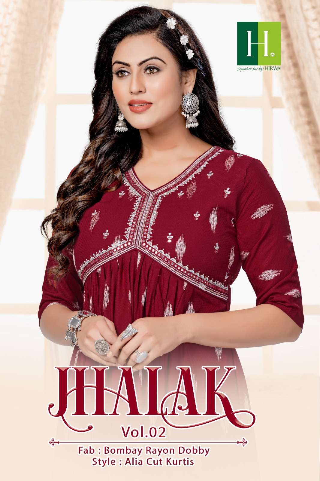 hirwa jhalak vol 2 201-206 series designer bomaby reyon dobby alia cut embroidred kurti catalogue wholesale price surat 