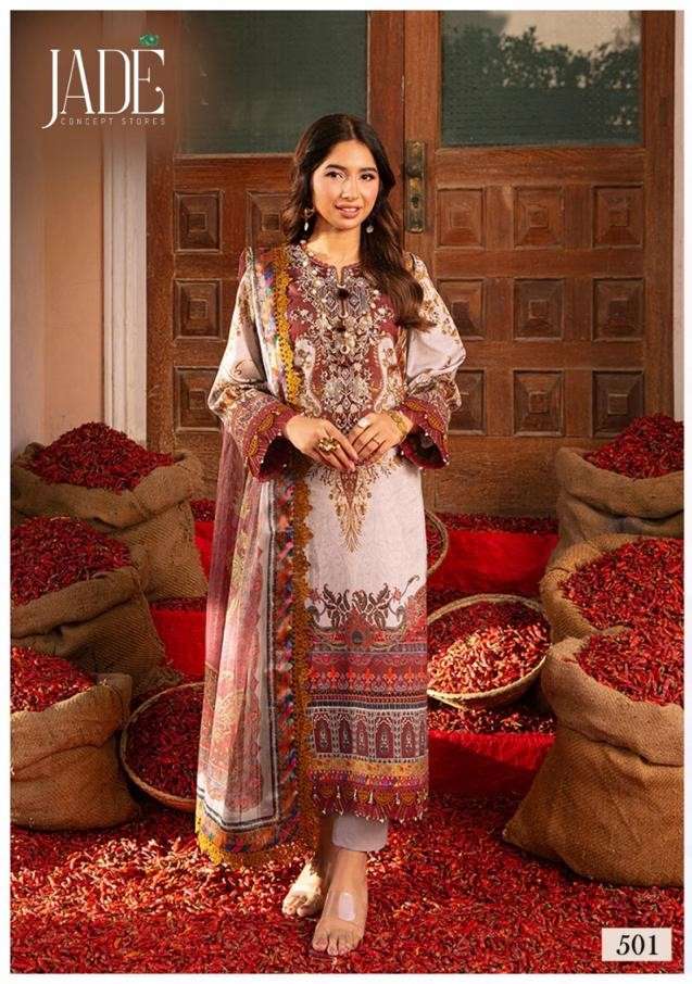 bin saeed vol-5 by jade 501-506 series lawn cotton designer dress catalogue wholesale price surat gujrat