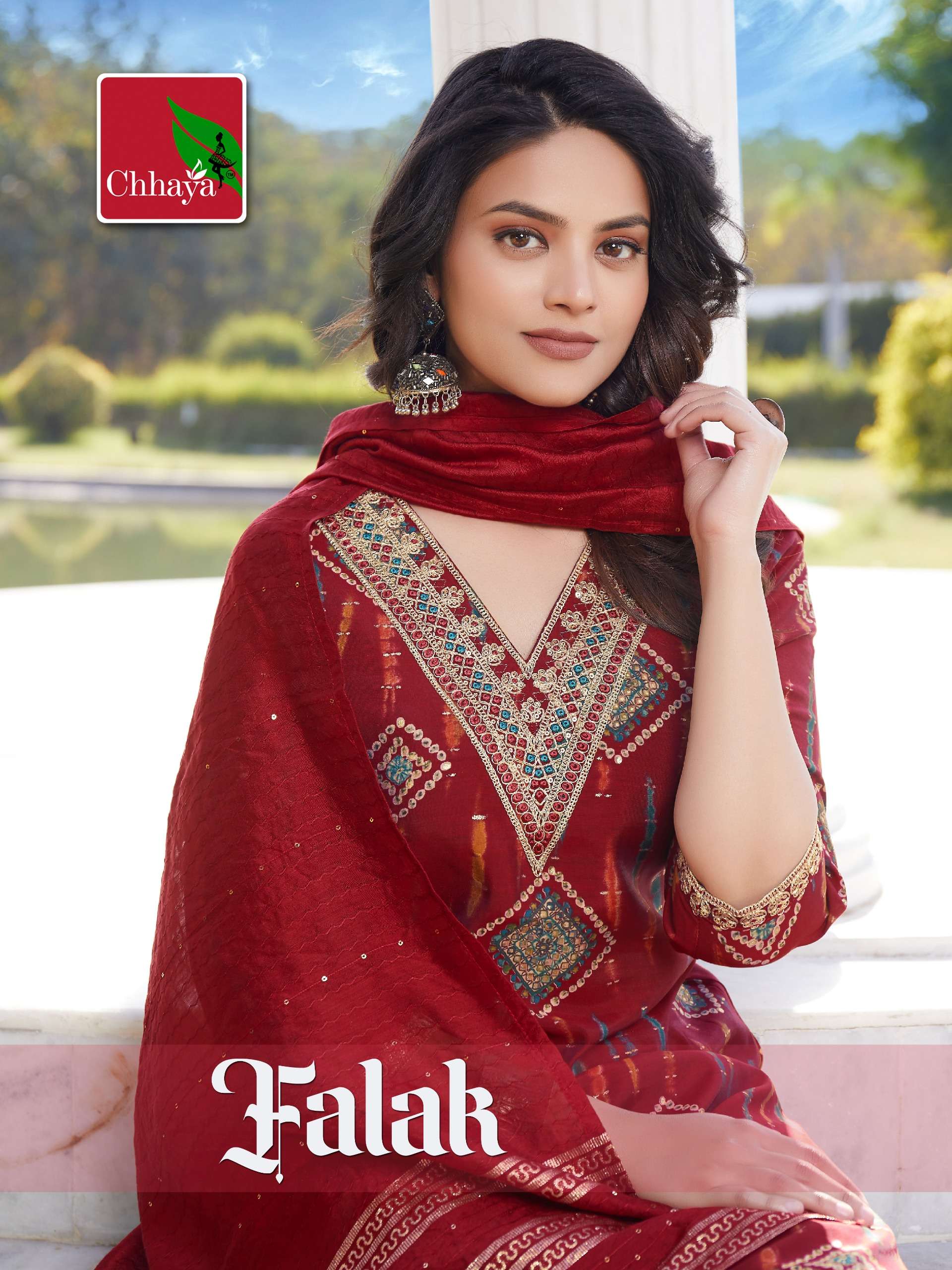 falak 1001-1006 series by matru chhaya top v neck embroidery work and bottom dupatta catalogue wholesaler surat gujrat 