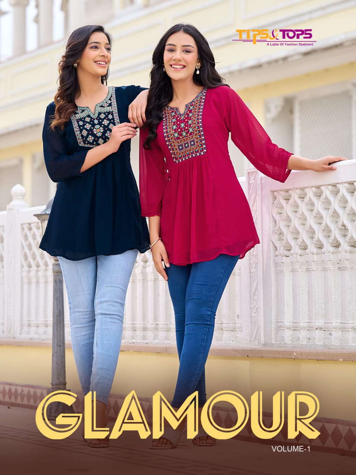 glamour vol-1 by tips&tops 101-106 series heavy georgette designer short tops catalogue manufacturer surat gujrat