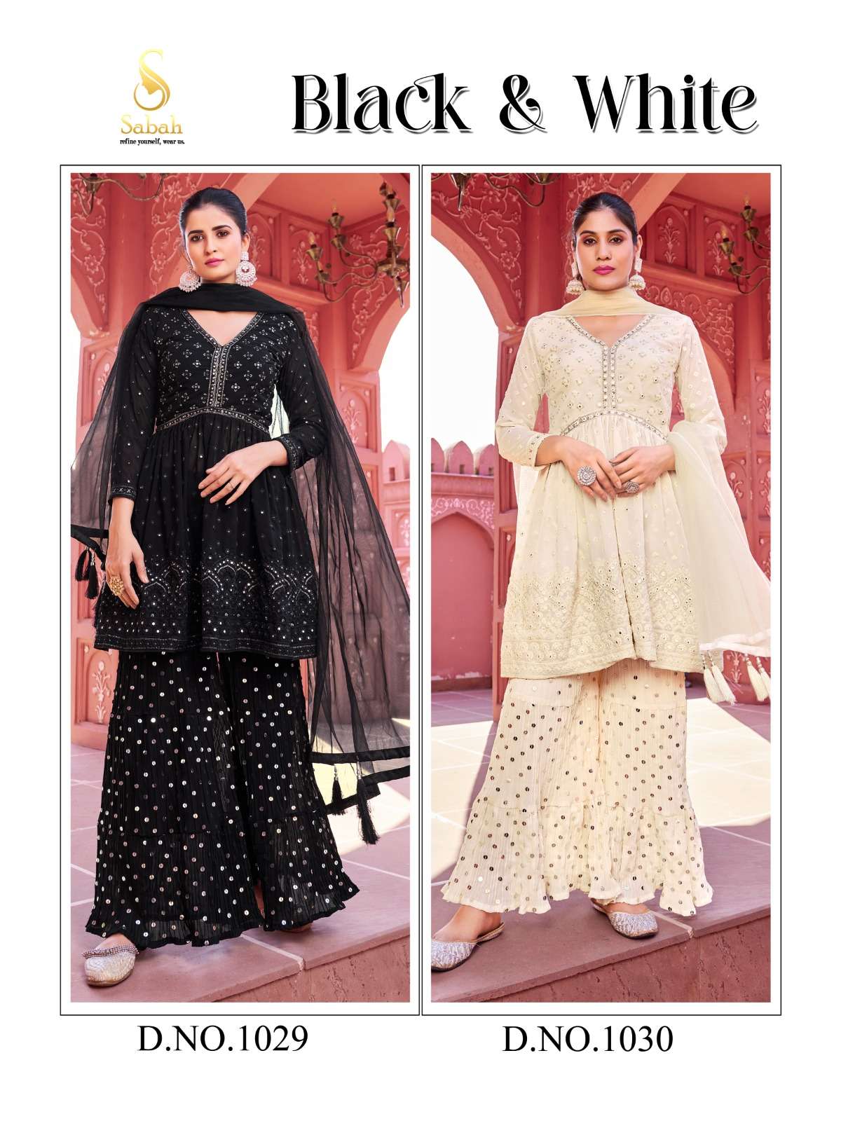 sabah black & white designer stiich sharara suits 2 pcs catalogue wholesale best rate 