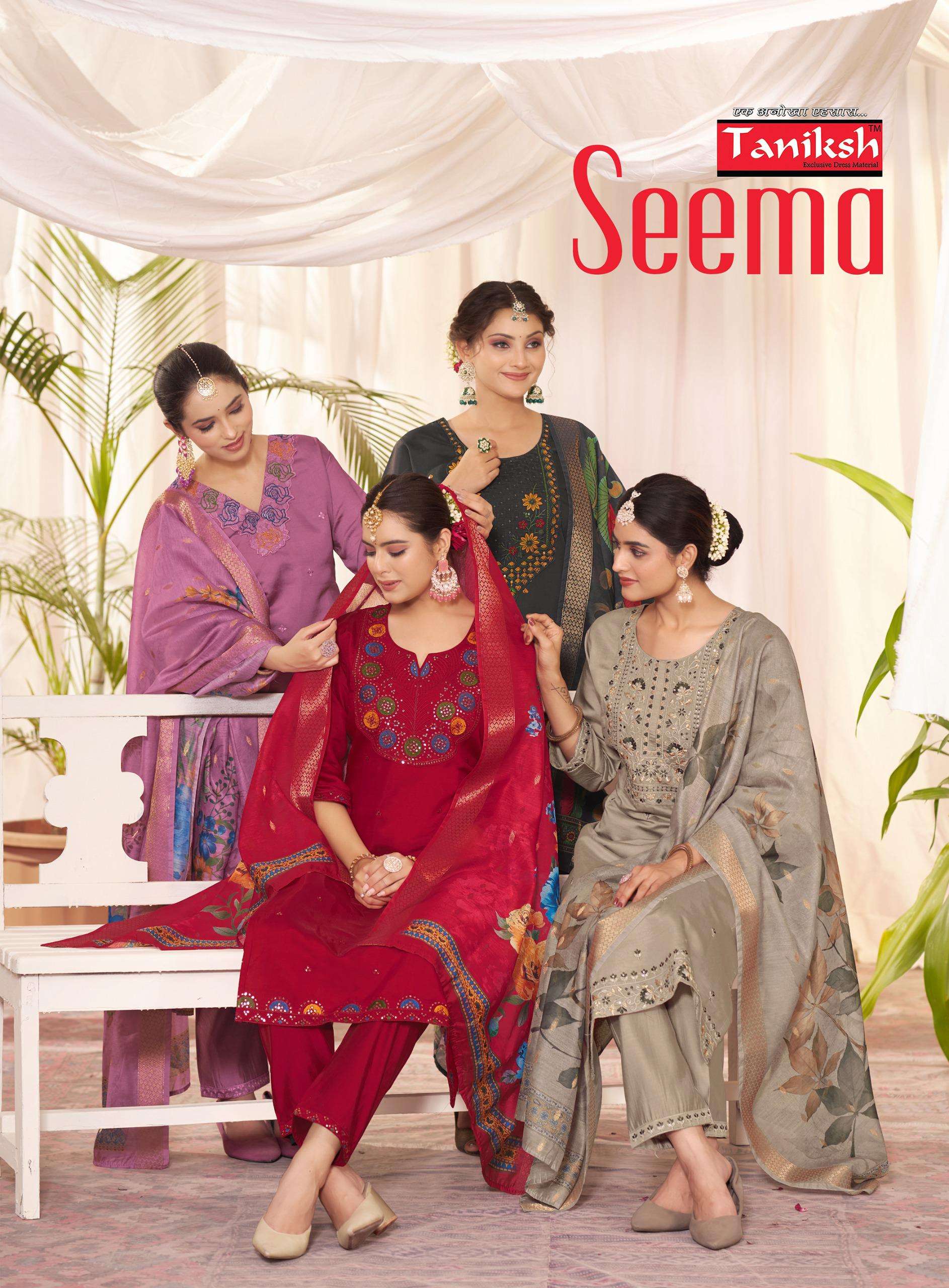 seema by tanishk fashion 1001-1008 series roman silk designer top bottom with dupatta latest catalogue surat gujrat 