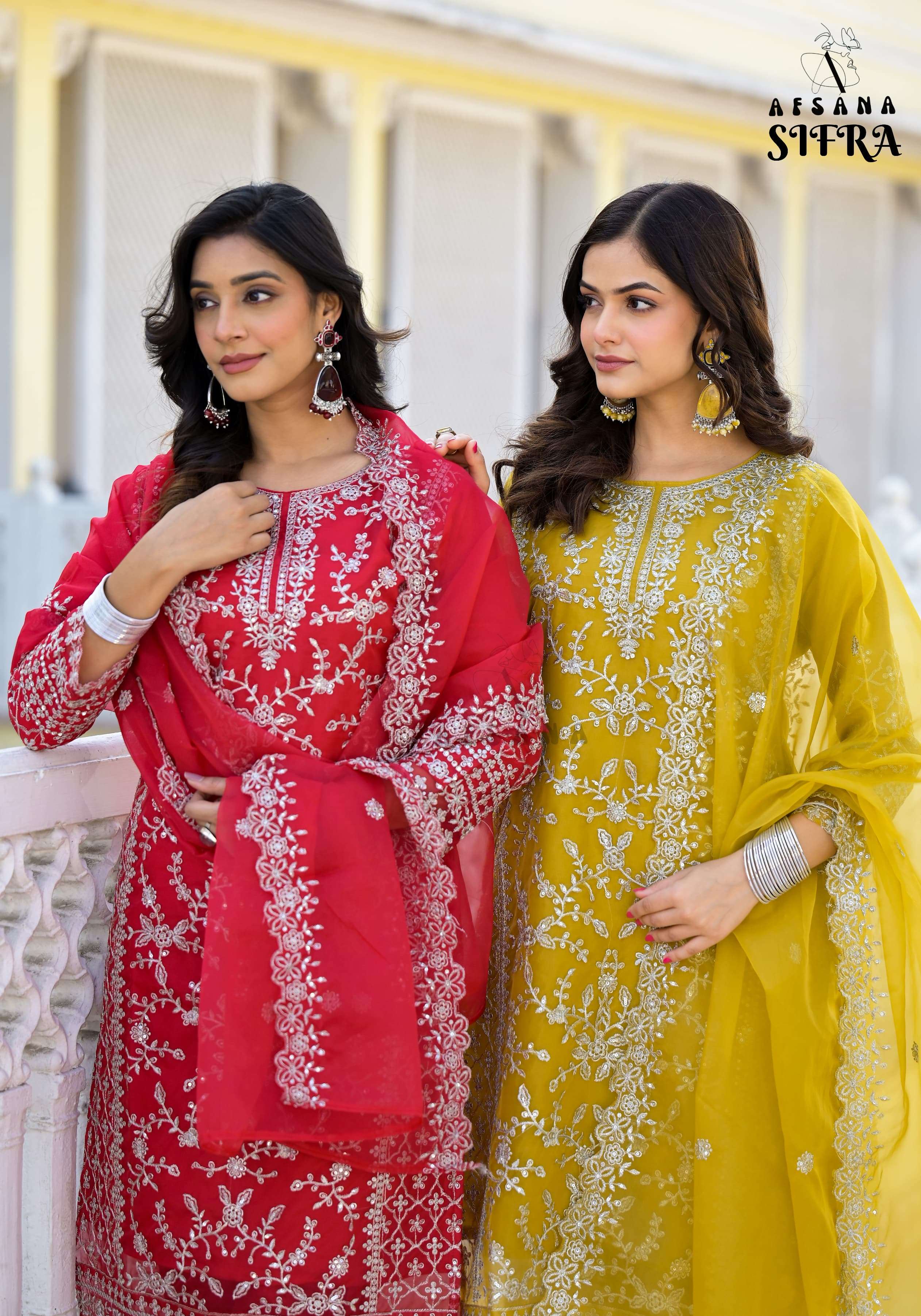 sifra by afsana pakistani organza suits catalogue online dealer surat gujrat