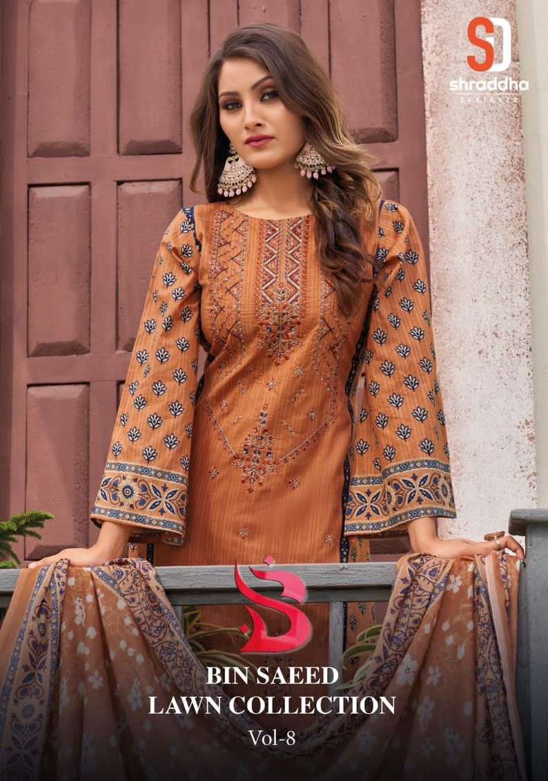 bin saeed vol-8 by shraddha designer 8001-8006 series pure cotton readymade pakistani suits manufacturer surat gujarat