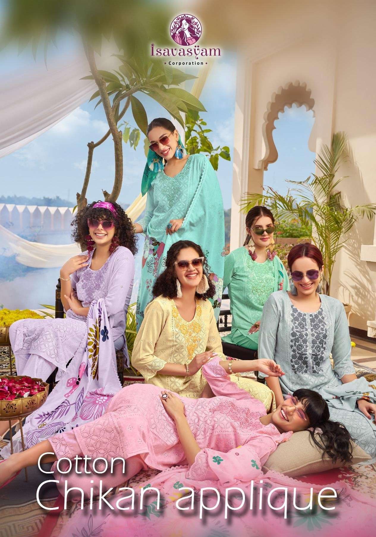 chikan applique by isavasyam corporation 1001-1006 series exclusive designer suits readymade collection wholesale surat gujarat 