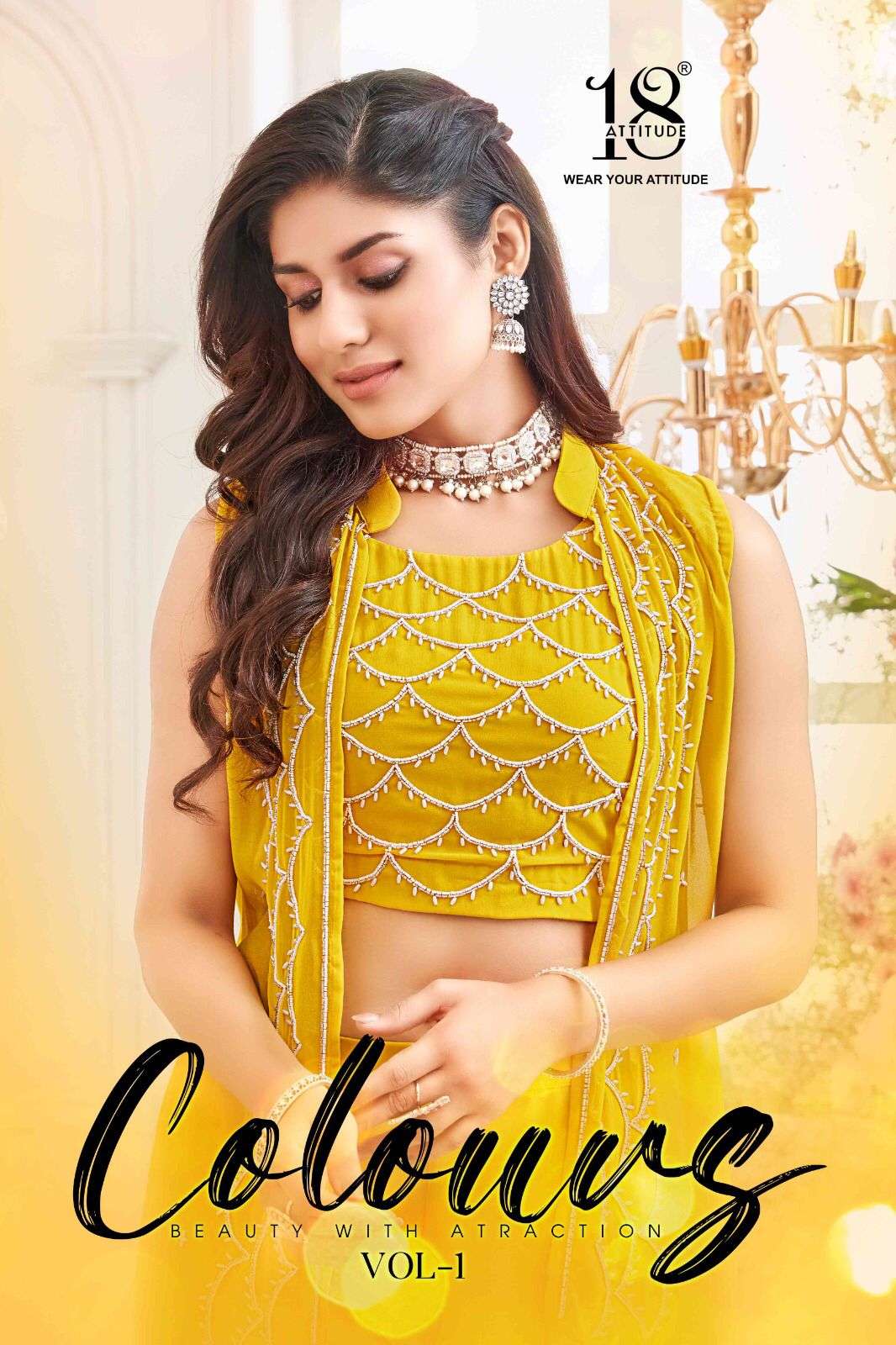 colours vol-1 by 18 attitude 1001-1004 series handworked shrugs and choli with palazzo set wholesale surat gujarat